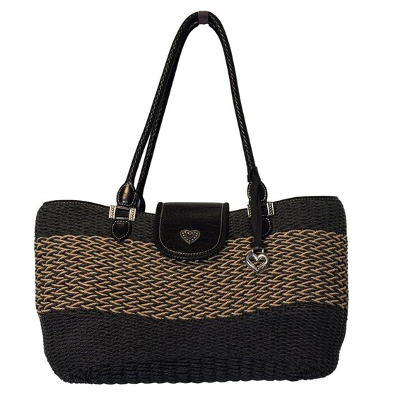 The Savannah Black & Tan Braided Woven Handbag By Brighton With Heart Charm Acce - Picture 13 of 14